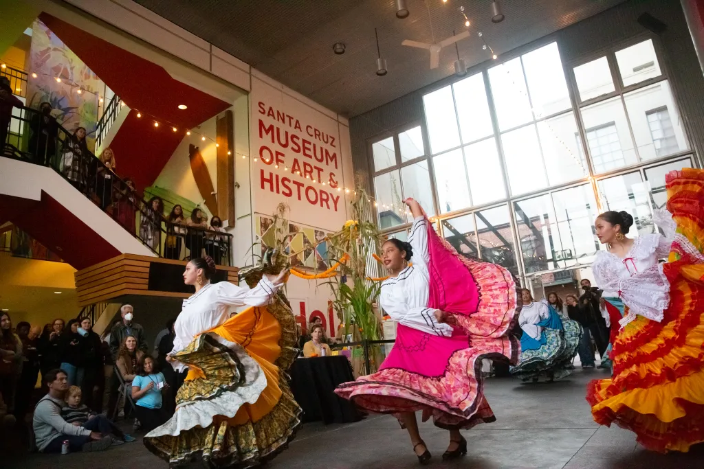 Senderos Centeotl Danza y Baile folklorico dance group perform at the Santa Cruz Museum of Art & History as part of the 2022 All-In Conference: Co-Creating Knowledge for Justice.