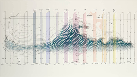 Hengen's artistic interpretation of the varied brain wave patterns that produce the fundamental states of sleep and wake. (Illustration by Keith Hengen).