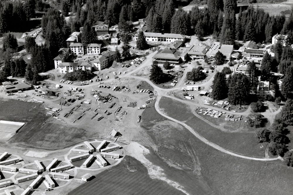 Aerial view of UCSC campus East Field in 1965