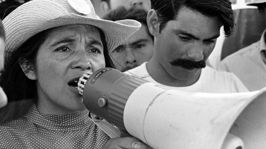 Dolores Huerta with the bullhorn