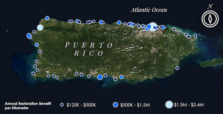 These maps show where coral reef restoration along the coasts of Florida and Puerto Rico would protect against more than $391 million in total damage to property and lost economic activity annually. (Credit: UC Santa Cruz, J. Kendall-Bar)